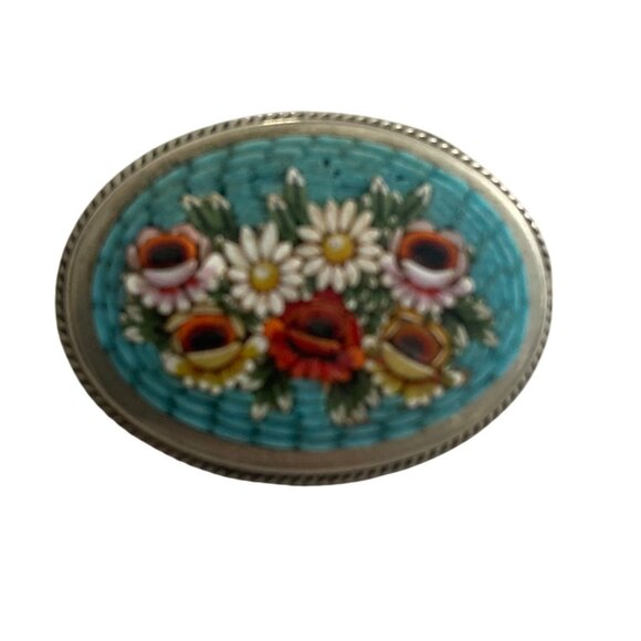 Vintage Micro Mosaic Floral Oval Brooch Pin Blue Silver Tone Setting Feminine - Picture 7 of 7
